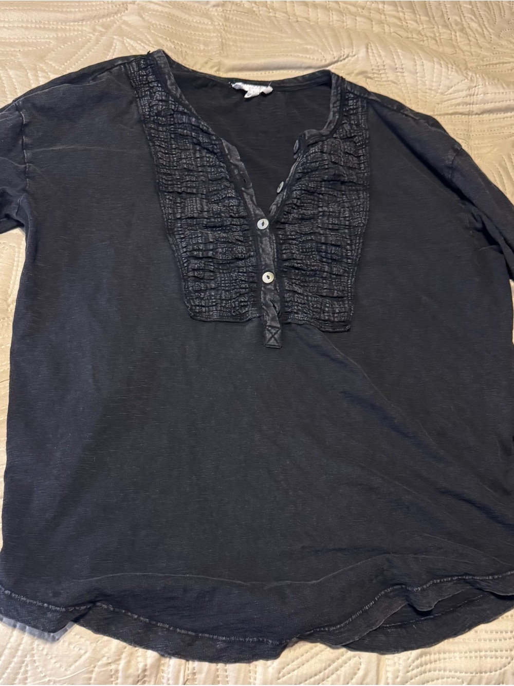 Ladies Black Casual Henley Shirt with Ruffle Placket Sz L